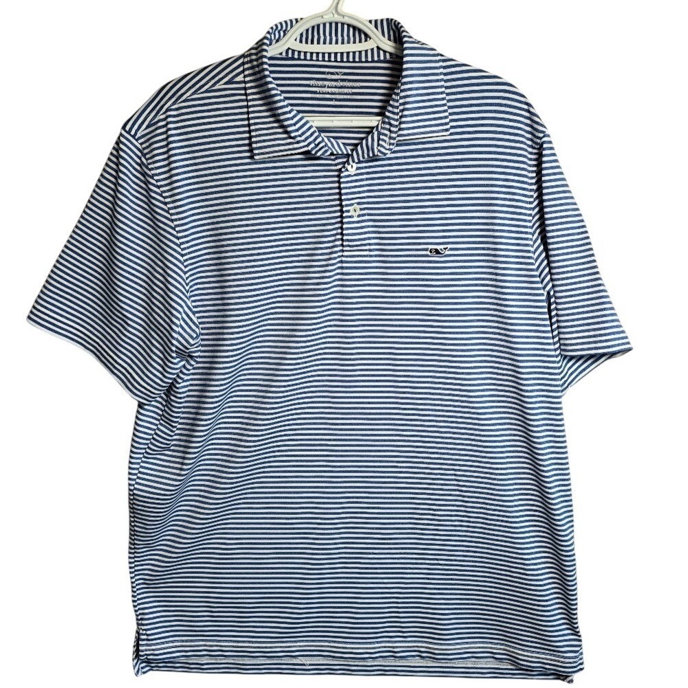 Vineyard Vines Polo Shirt Mens Large Blue Performance Striped Short Sleeve Whale